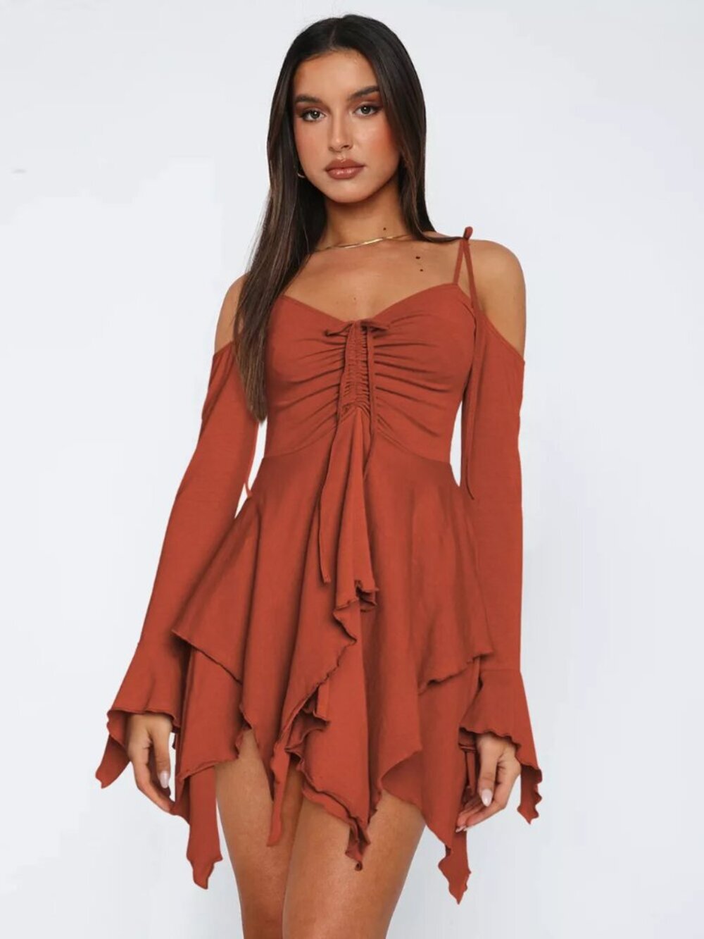 Full Size Ruffle Hem Tie Shoulder Mini Dress Plus Size